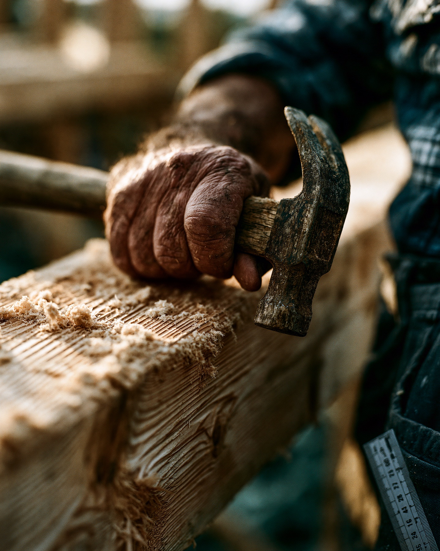 Hand mit Hammer auf einem Sparren