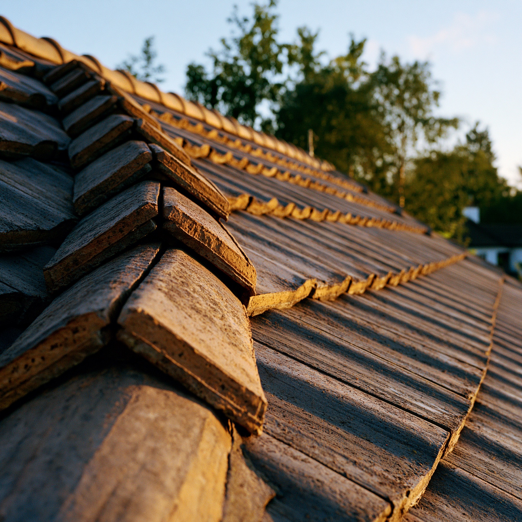 Detail der Firstziegel im Abendlicht