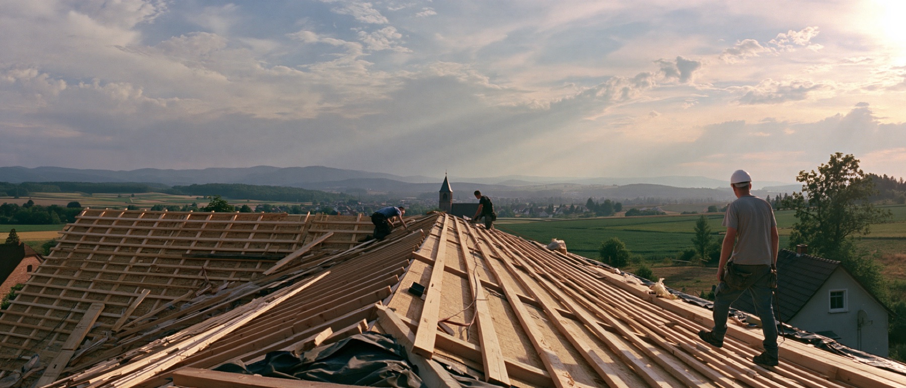 Panorama einer Dachbaustelle am Ortsrand in der Region Grünberg
