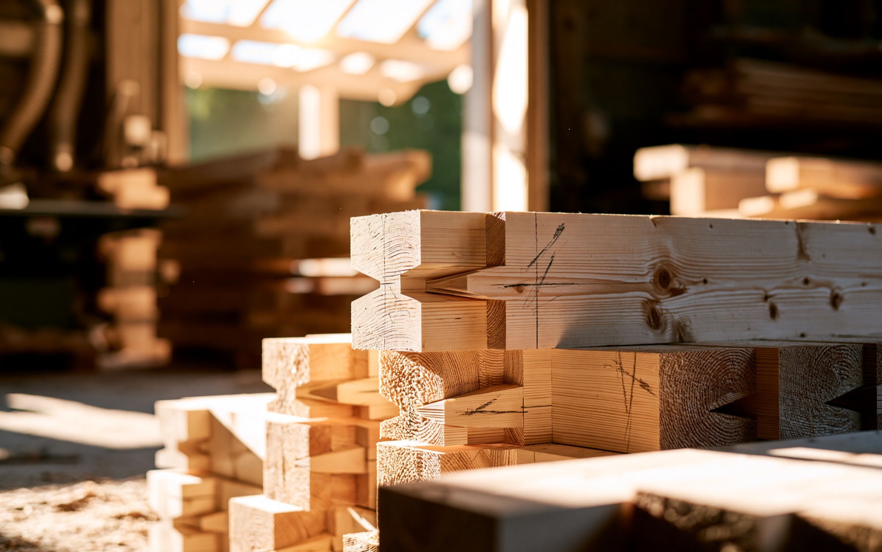 Frisch abgebundene Holzverbindungen eines Dachstuhls