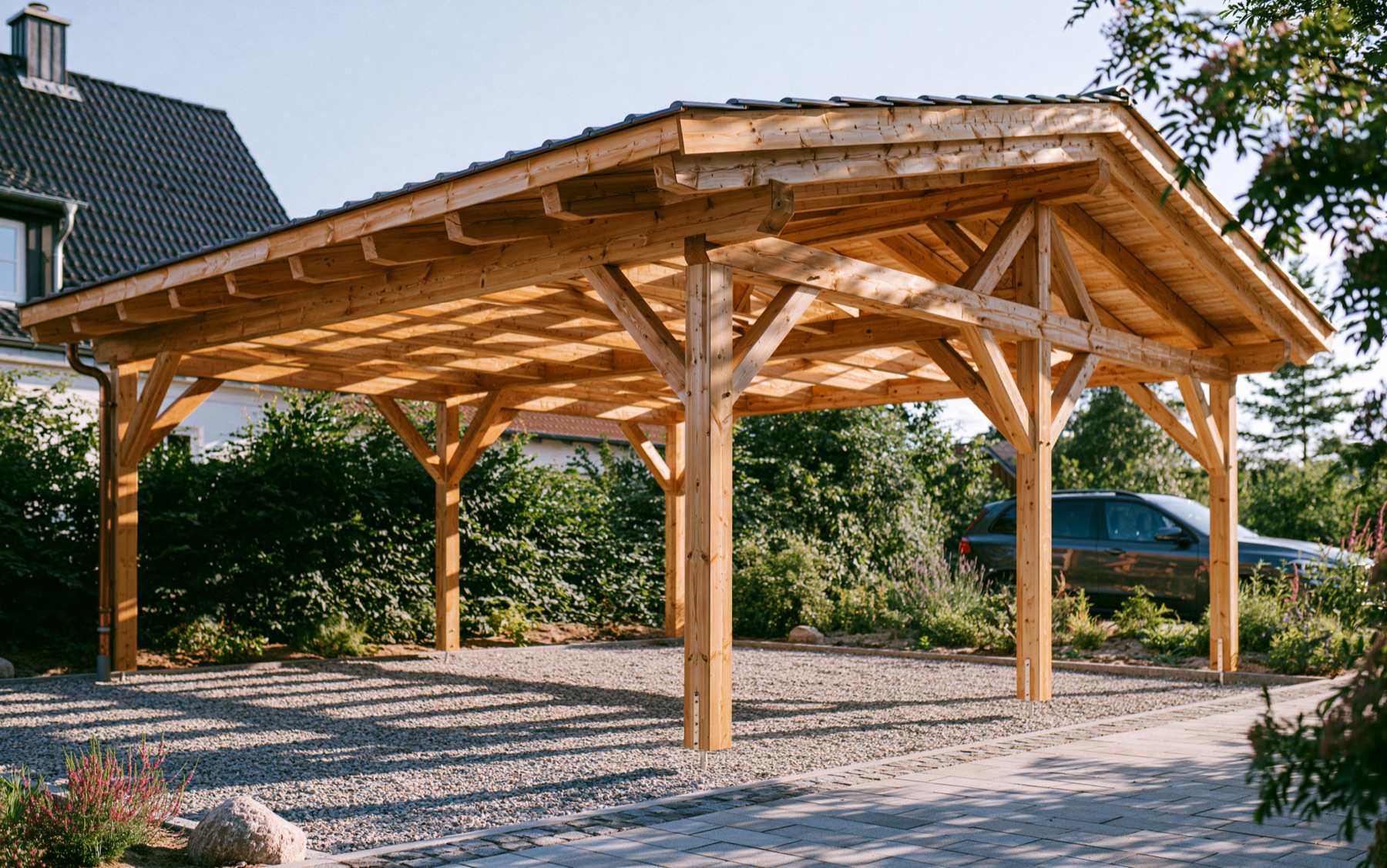 Neuer Carport in Holzbauweise neben einem Wohnhaus